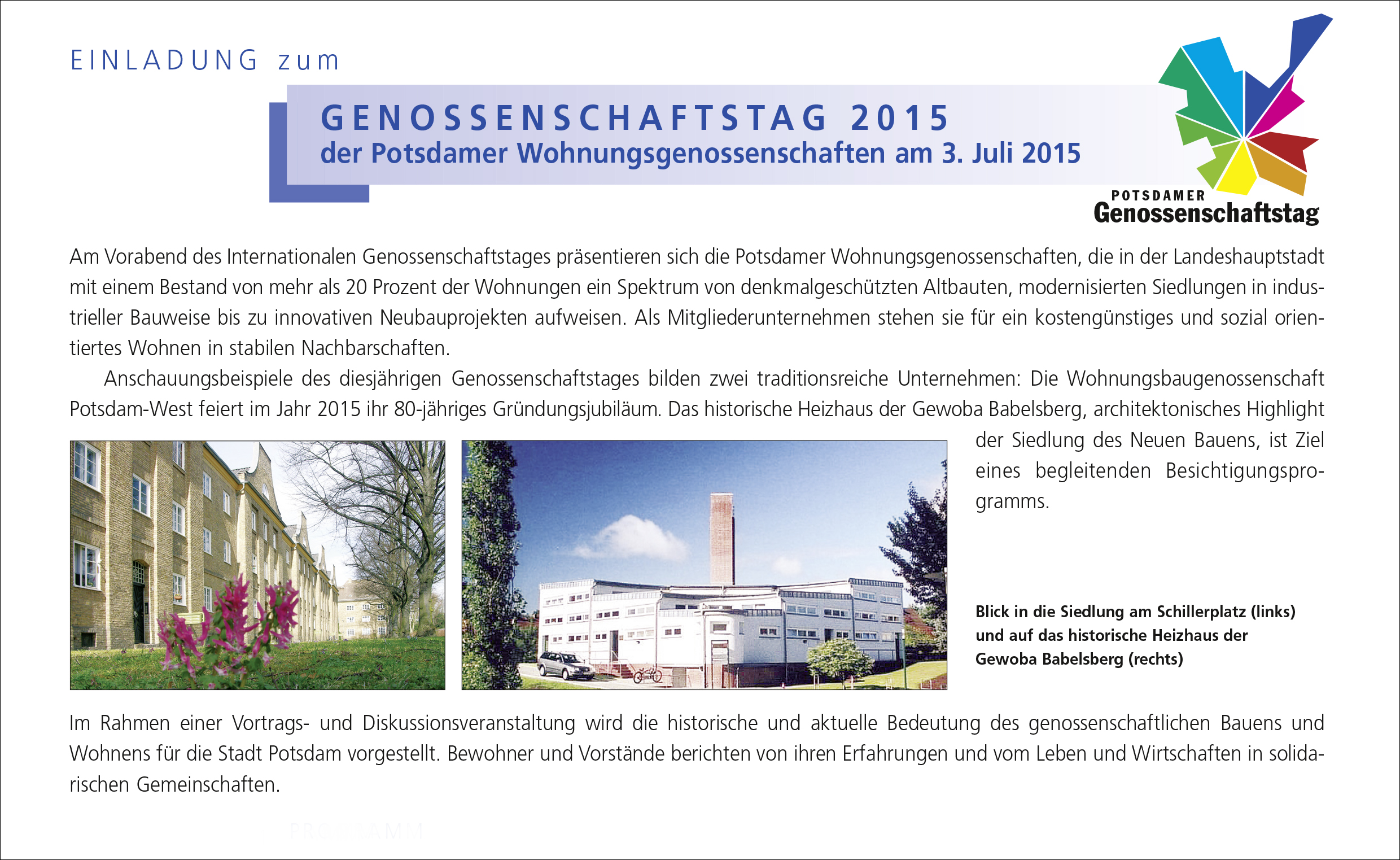 Einladung zum Genossenschaftstag 2015 der Potsdamer Wohnungsgenossenschaften am 3. Juli 2015